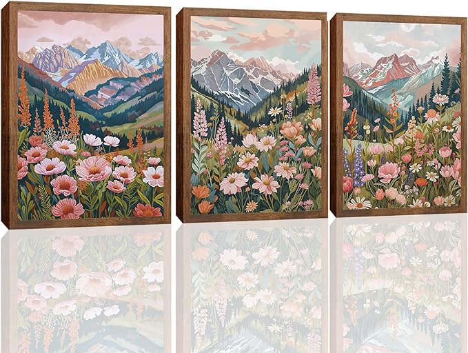 Boho Colorful Mountain Landscape Wall Art Set of 3, Flower Daisy Nature Canvas Prints Wall Decor, Vintage Floral Forest Botanical Painting Posters for Living Room Bedroom Home Decor 24x16in Framed