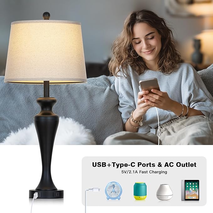 30" Table Lamp Single, 3-Way Dimmable Touch Bedside Lamp with USB A+C Ports and AC Outlet, Tall Living Room Lamps for Side Table, Modern Bedroom Lamp for Nightstand, Black-1PK