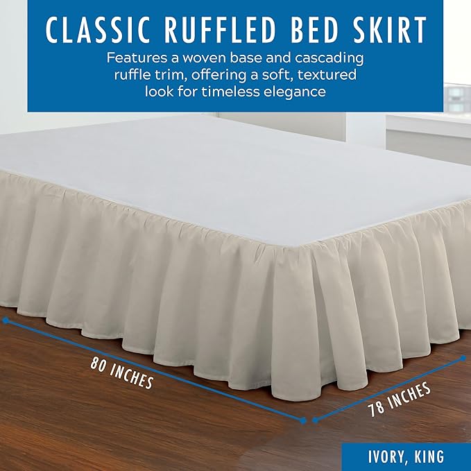 FRESH IDEAS Bedding Ruffled Bedskirt, Classic 14” Drop Length, Gathered Styling, King, Ivory (Model: FRE30114IVOR04)