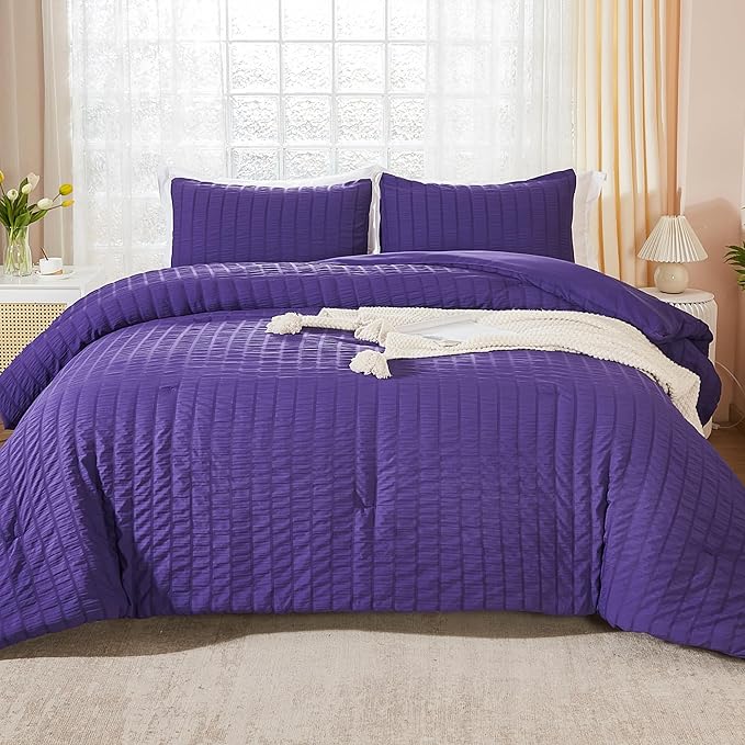 AveLom Dark Purple Seersucker Full Comforter Set (80x90 inches), 3 Pieces-Soft Washed Microfiber Lightweight Comforter with 2 Pillowcases, All Season Down Alternative Comforter Set for Bedding