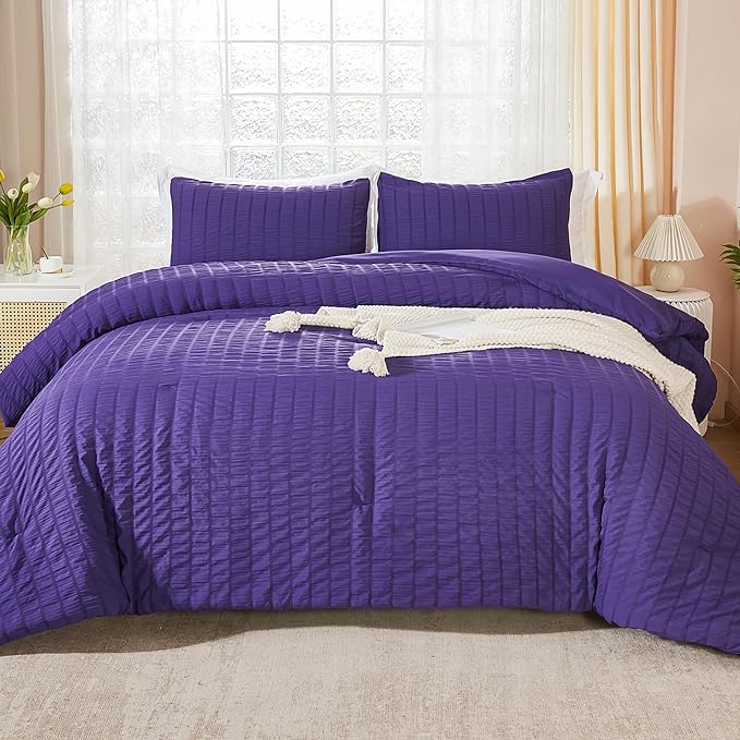 AveLom Dark Purple Seersucker Queen Comforter Set (90x90 inches), 3 Pieces-100% Soft Washed Microfiber Lightweight Comforter with 2 Pillowcases, All Season Down Alternative Comforter Set for Bedding