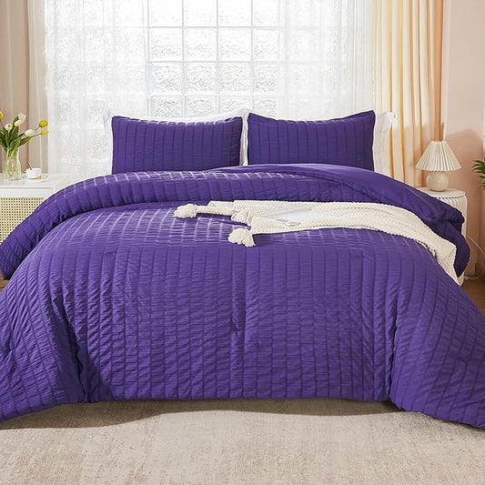 AveLom Dark Purple Seersucker Queen Comforter Set (90x90 inches), 3 Pieces-100% Soft Washed Microfiber Lightweight Comforter with 2 Pillowcases, All Season Down Alternative Comforter Set for Bedding