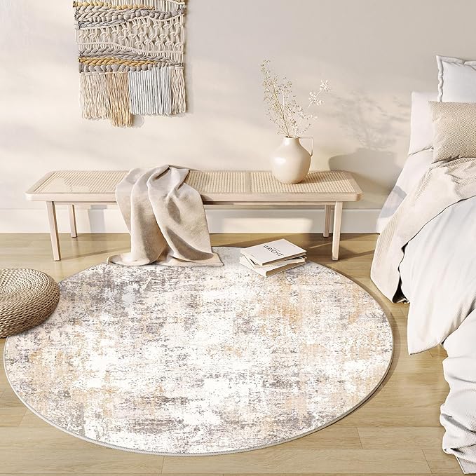 WondRg 4x4 Washable Round Rug Beige Grey Abstract Entryway Area Rug Neutral Modern Non Slip Soft Low Pile Carpet for Bathroom Kitchen Living Room Bedroom Entrance