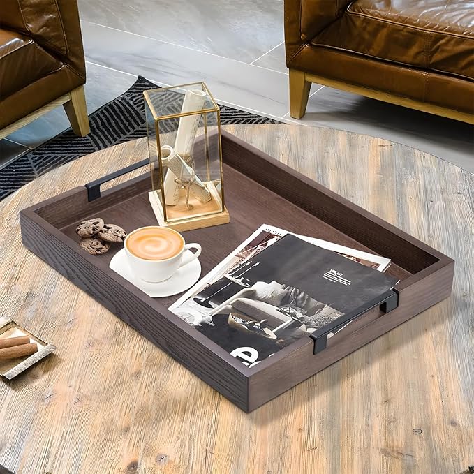 Large Rectangular Ottoman Tray for Living Room,Solid Wood Brown Coffee Table Trays 17x13 Inch Decorative Storage Acacia Wood Serving Tray with Handles for Breakfast in Bed, Dinner Food Kitchen-Natural