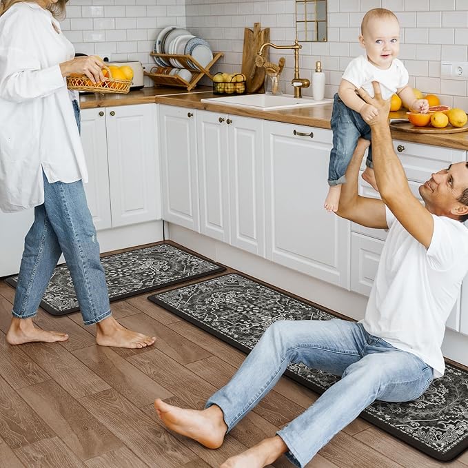KIMODE Kitchen Mats Cushioned Anti Fatigue, Boho Vintage Kitchen Rugs Sets of 2, Non Slip Kitchen Mats for Floor, Memory Foam Kitchen Floor Mat for Sink Laundry Desk Black Multi 17"x47"+17"x29"