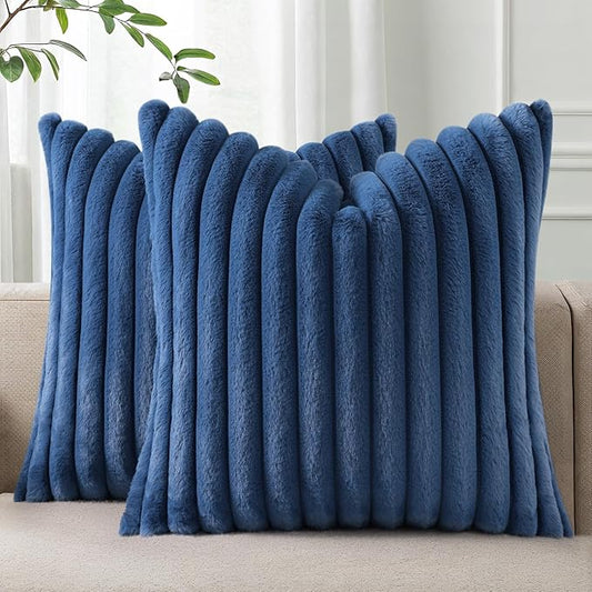 Pallene Faux Fur Plush Throw Pillow Covers 20x20 Set of 2, Luxury Soft Fluffy Striped Decorative Pillow Covers for Sofa, Couch, Living Room, Navy Blue