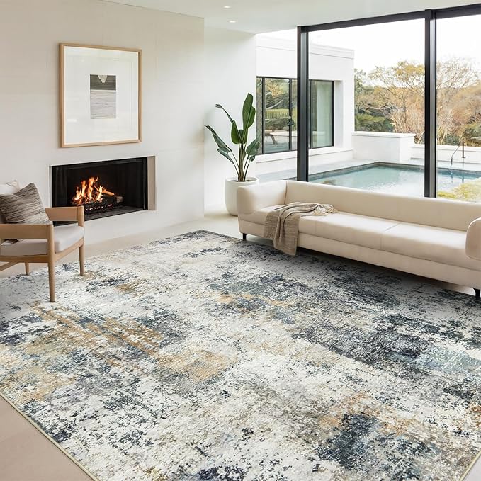 AREAMAY Washable Area Rugs for Living Room 8x10 - Large Neutral Modern Abstract Rug, Soft Low Pile Carpet with Non Slip Backing for Under Dining Room Table, Bedroom, Home, Office, Dorm - Green Yellow