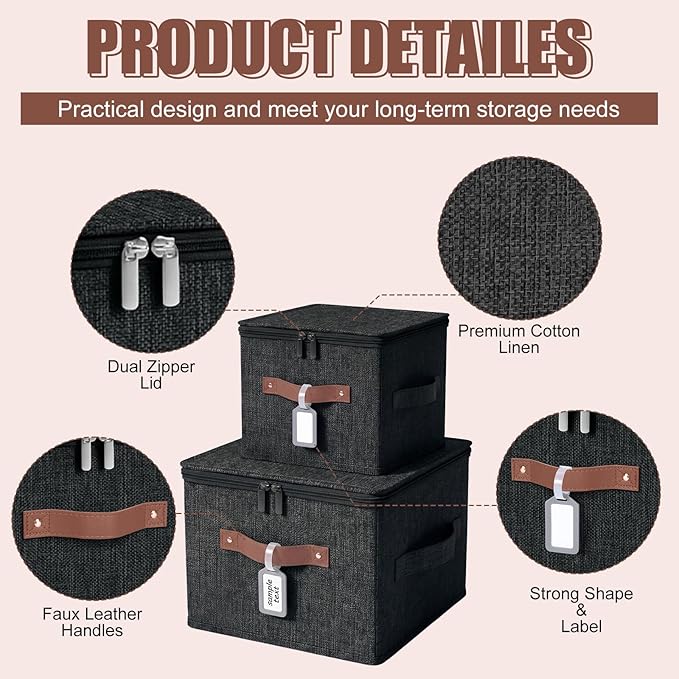 6 Pack Fabric Storage Bins with Lids and Label, 10×8×7Inch Foldable Cotton Linen Cute Storage Boxes with PU Leather Handles for Closet, Bedroom, Shelf, Nursery, Black