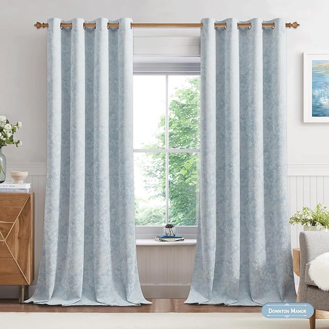 Beauoop Blue Floral Jacquard Blackout Curtains 96 Inches Long 2 Panels for Bedroom Living Room Chenille Flower Room Darkening Thermal Insulated Soundproof Grommet Window Treatments Drapes, 52x96