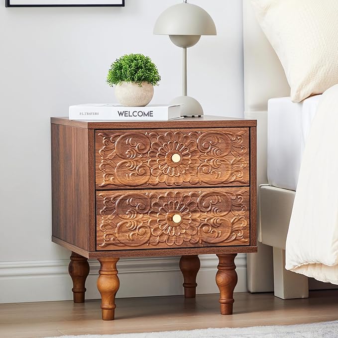 Nightstand, Farmhouse Bedside Table with 2 Drawers and Metal Handles, Wood Sofa Side Table End Table Accent Dresser for Bedroom, Living Room (Walnut) (15.75 x 16.02 x 18.15 Inch)