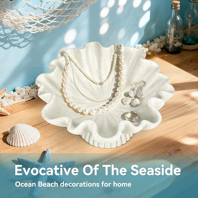 Large Decorative Bowls for Home - Fruit Pedestal Bowl for Coastal Decor - Scalloped Bowl - 10.3" Off-white Resin Unique Decor for Coffee Table