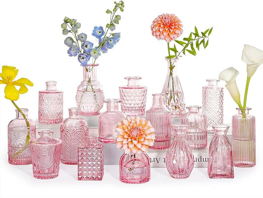 Glass Bud Vase Set of 16, Small Pink Flower Vases for Table Centerpieces in Bulk, Cute Mini Vintage Vase for Wedding, Home Decor, Table Decoration