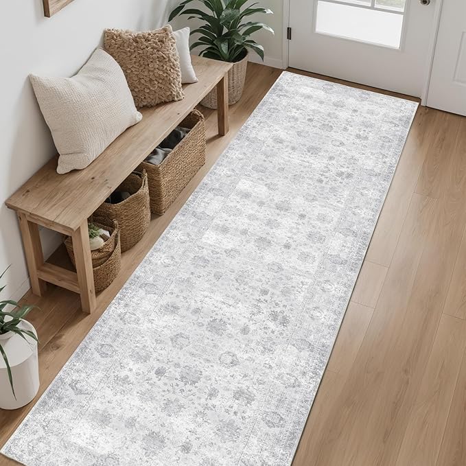 Dotiiorug Hallway Runner Rug 2x8 Washable Area Rugs, Vintage Floral Rug Soft Non Slip Stain Resistant Boho Floor Carpet Runners for Hallways Entryway Laundry Room Kitchen Bathroom, and Bedroom Grey