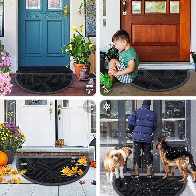 Smiry Half Circle Front Door Mat Outside Entrance, Heavy Duty Sturdy Natural Rubber Doormat, Trap Dirt and Moisture, Low Profile Mats for Indoor Outdoor Entry, Irregular Triangle (47x32, Black)
