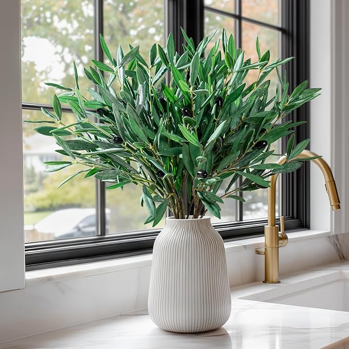 8PCS Premium Artificial Olive Branches for Vases - Realistic PU & Silk Faux Greenery Stems, 3 Sizes, Bendable Wire Stems, Low Maintenance Home/Office/Holiday Decor(No Vase