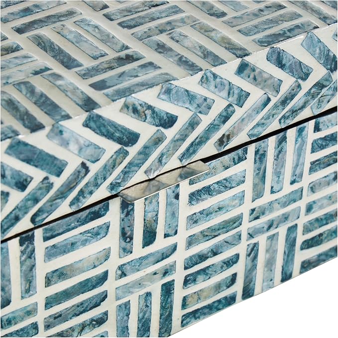 Deco 79 Mother of Pearl Shell Geometric Handmade Decorative Box Mosaic Storage Decorative Keepsake Box with Cream Underlay, Set of 2 Storage Box 12", 8"W, Blue
