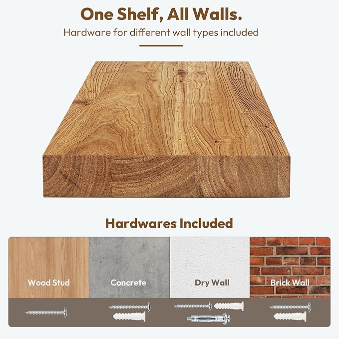 Vivelove Elm Wood Floating Shelves, Wooden Shelves for Wall with Invisible Bracket for Living Room Bedroom Bathroom Office Book, Rustic Farmhouse Decor Storage & Display, 48 Inch Set of 1- Natural