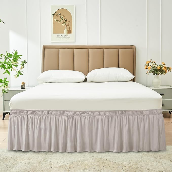 Biscaynebay Wrap Around Bed Skirts for King & Cal King Beds Short Drop of 12", Camel Grey Adjustable Elastic Dust Ruffles Easy Fit Wrinkle Resistant Silky Luxurious Fabric Machine Washable