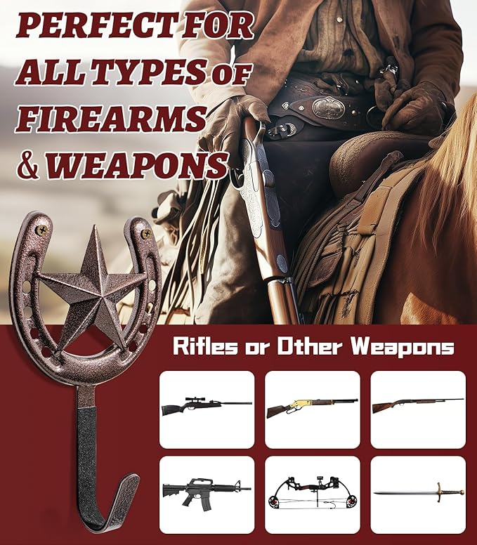 Adowes Gun Rack for Wall Western Shotgun Rifle Rack Wall Mount Metal Wall Gun Hanger Holder Display for Sword Bow Firearm Texas Star and Horseshoe