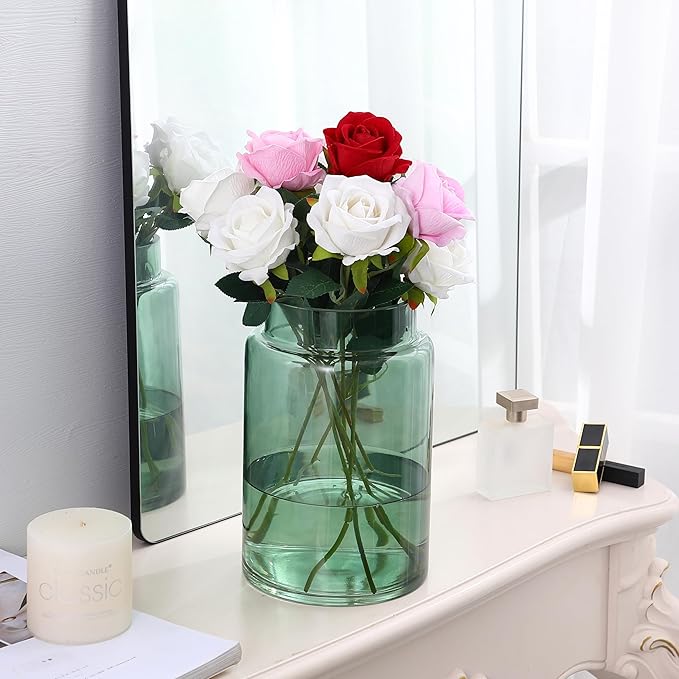 Large Glass Vase, 9 Inch Green Glass Vase, Large Flower Vases for Bouquet, Tall Wide Mouth Vases for Flowers, Home, Wedding, Living Room, Office Decor