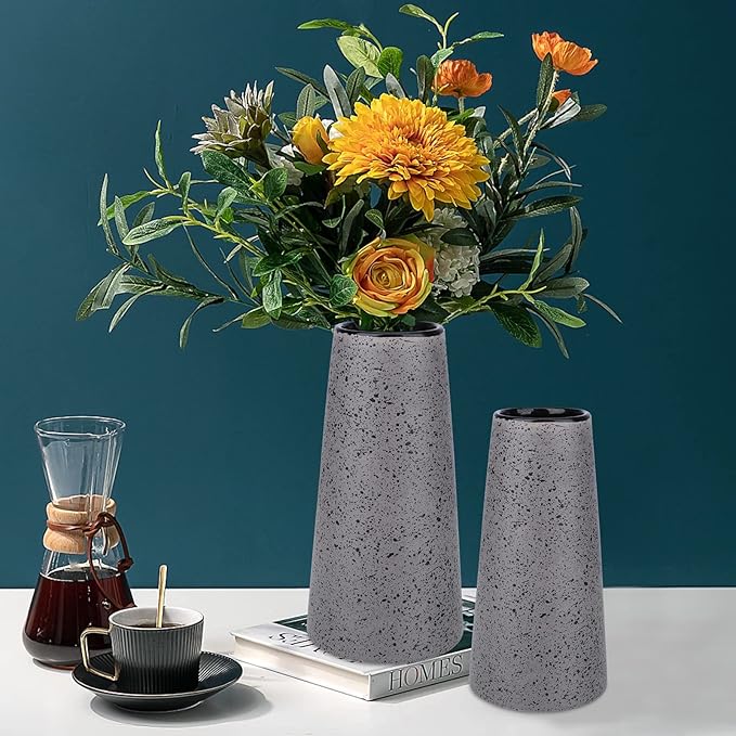 Bdor Ceramic Vase Set of 2, Modern Farmhouse Home Decor, Grey Vase with Polka Dots, Perfect for Dining, Living, Bathroom & Kitchen