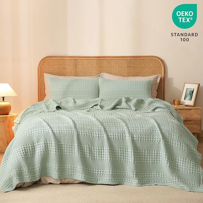 PHF 100% Cotton Waffle Weave Blanket Twin Size for Bed, Soft Lightweight & Breathable, All-Season Comfort, 300 GSM Luxury Aesthetic Blanket for Home Decor, 66"x90", Mint Green