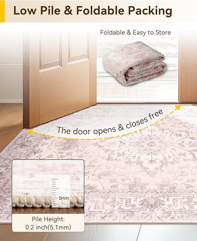 RELEANY Area Rugs 2'x5' Washable Non-Slip, Floral Vintage Distress Print Pattern Medallion Carpet for Living Room Bedroom Dining Room, Pink Greypink Cute