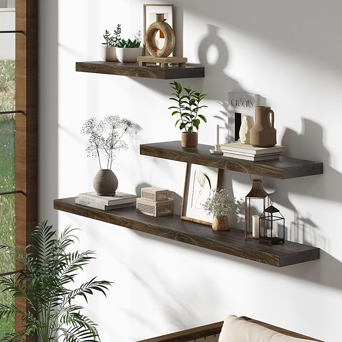 Dreamland Rustic Wood Floating Shelves for Wall Decor, Elm Wood Shelves 48 Inch Long, 8 Inch Deep Floating Shelf for Living Room Bathroom Bedroom Kitchen, 48 x 8 Wall Shelves Set of 1, Walnut Color