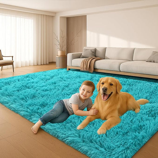 Mtandyx Fluffy Plush Shag Rug 5x7, Ultra Soft Rug for Living Room Bedroom, Non-Slip Fuzzy Area Rug for Living Room, Carpet for Girl Boy Kids,Modern Indoor Home Decor Aesthetic,Teal Blue