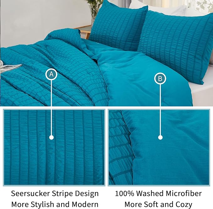 AveLom Teal Seersucker Twin/Twin XL Comforter Set (68x90 inches), 2 Pieces-100% Soft Washed Microfiber Lightweight Comforter with 1 Pillowcase, All Season Down Alternative Comforter Set for Bedding