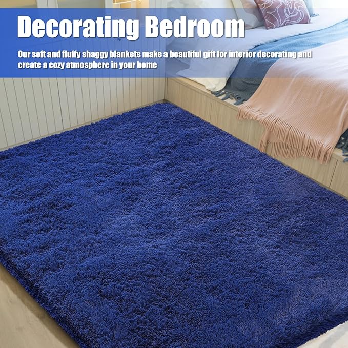 Shag Area Rug for Bedroom 3x5,Blue Fluffy Area Rugs for Living Room,Soft Fuzzy Rug Non-Shedding Indoor Plush Carpet for Kids Bedroom Nursery Dorm Home Decor
