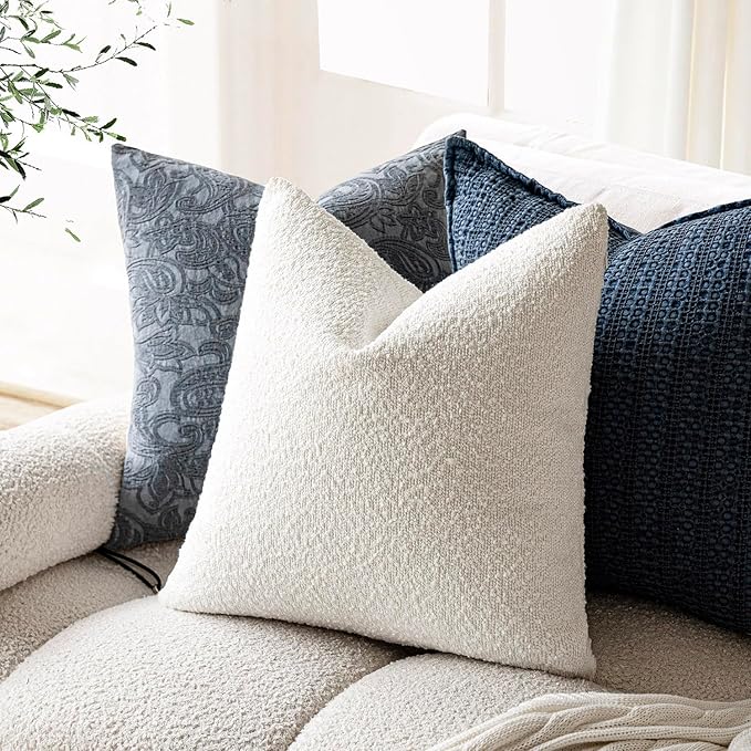 Foindtower Decorative Textured Boucle Throw Pillow Covers Accent Solid Pillow Cases Neutral Soft Cozy Couch Cushion Case for Chair Sofa Bedroom Living Room Home Decor 26 x 26 Inch,White