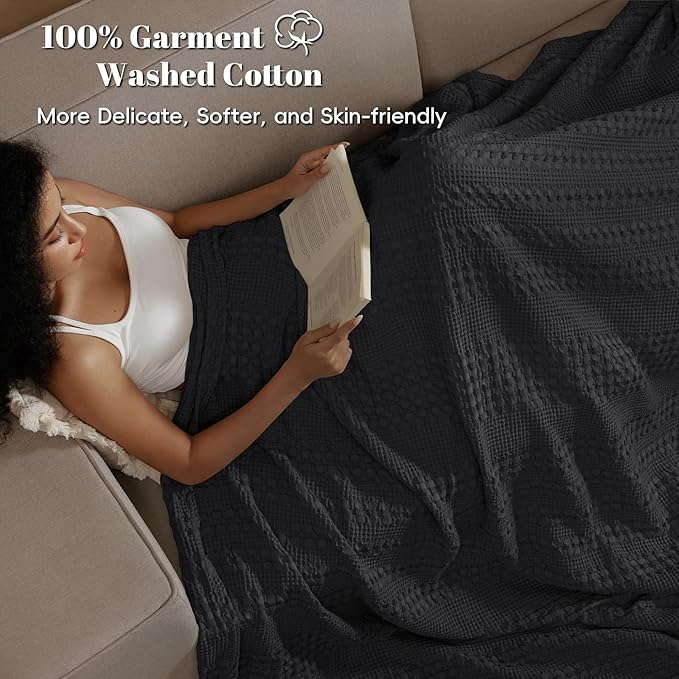 PHF 100% Cotton Waffle Weave Blanket Queen Size for Bed, Soft Lightweight & Breathable, All-Season Comfort, 300 GSM Luxury Aesthetic Blanket for Home Decor, 90"x90", Black