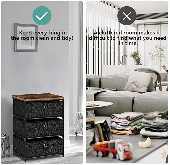 Nightstand with 3 Drawers, Clothes Storage Organizer, Small Fabric Dresser for Bedroom, Closet, Entryway, Hallway, Nursery, Dorm