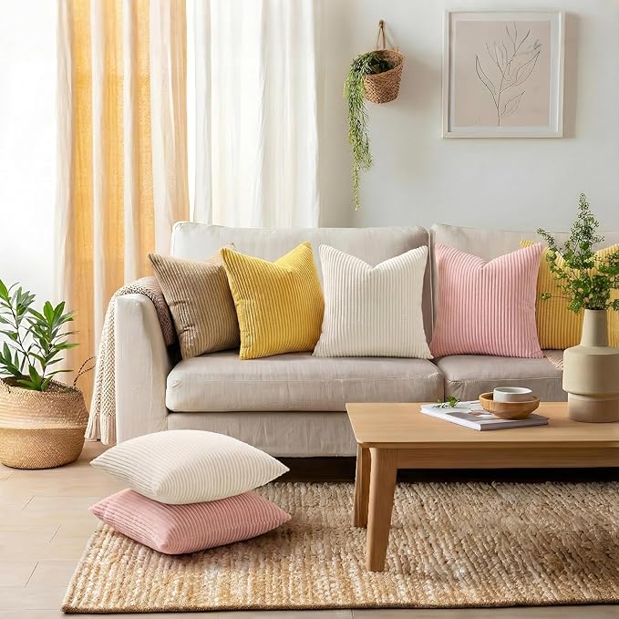 Mecatny Corduroy Decorative Throw Pillow Covers 20x20 Set of 2 for Sofa Living Room, Soft Neutral Boho Couch Pillow Covers for Home Decor, Cream White