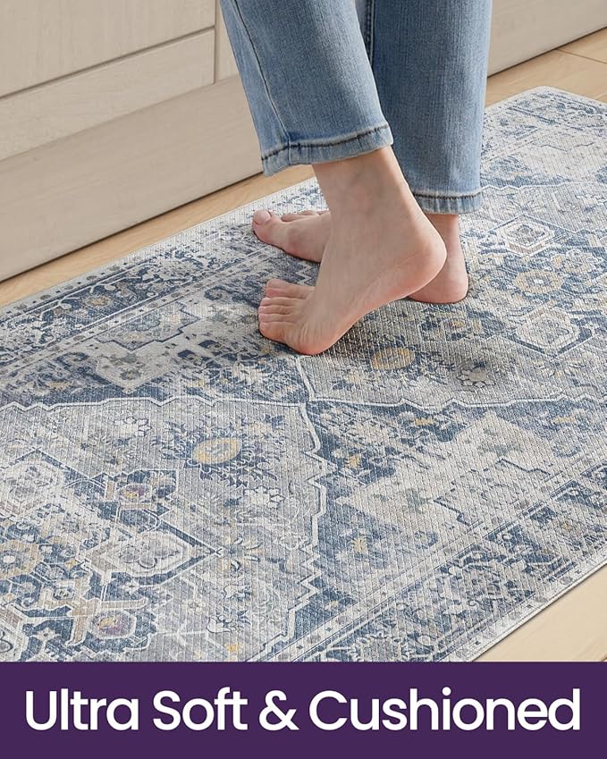 DEXI Kitchen Floor Mats Anti Fatigue, 23x86 Large Long Cushioned Vintage Runner Rug Waterproof, Standing Comfort Memory Foam Padded for Front Sink Laundry Office, Light Grey and Blue