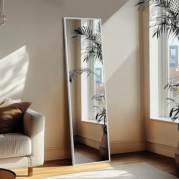 Delma Full Length Mirror,Large Floor Mirror with Aluminum Frame for Bedroom, Bathroom, Living Room,Wall Mount or Freestanding Design(with Stand,Rect 56x15-Silve)