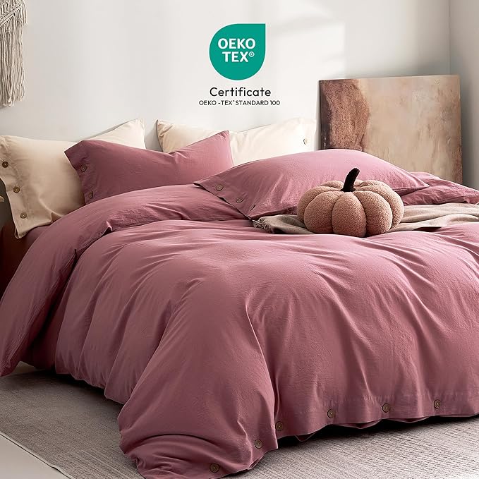 JELLYMONI 100% Washed Cotton Duvet Cover King – Soft, Breathable Linen-Look Bedding with Natural Wrinkle Texture, Button Closure, 3-Piece Set (Deep Rose, 104"x90")