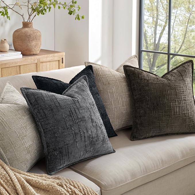 decorUhome Chenille Throw Pillow Covers 18x18 Set of 2, Thick Textured Slubby Neutral Decorative Pillow Covers with Elegant Design for Couch, Sofa, Living Room, Dark Grey