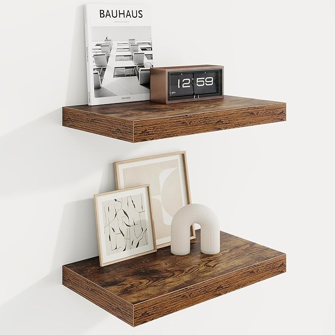 Marsmiles 16in Floating Shelves for Wall, 16" W x 9.25" D x 1.25" H, 2 Pack Long Wall Mounted Engineered Wood Shelves with Invisible Brackets, Rustic Brown