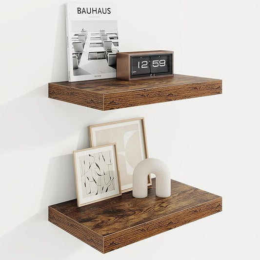 Marsmiles 16in Floating Shelves for Wall, 16" W x 9.25" D x 1.25" H, 2 Pack Long Wall Mounted Engineered Wood Shelves with Invisible Brackets, Rustic Brown