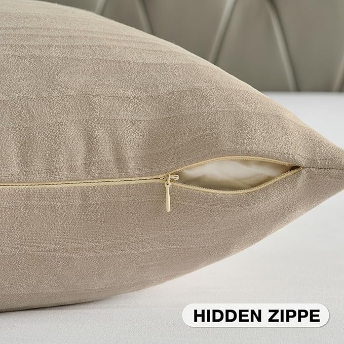 FUTEI Beige Chenille Decorative Throw Pillow Covers 18x18 Inch Set of 2,Soft Crushed Striped Texture Cushion Case,Modern Home Decor for Couch Bed Living Room