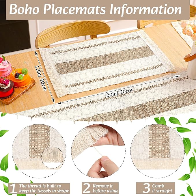 6 Sets Boho Placemats Round Woven Placemats, Cloth Napkins, Wood Bead Napkin Rings, Long Table Runner and Farmhouse Rustic Burlap Cotton for Kitchen Dining Table Home (Khaki C)