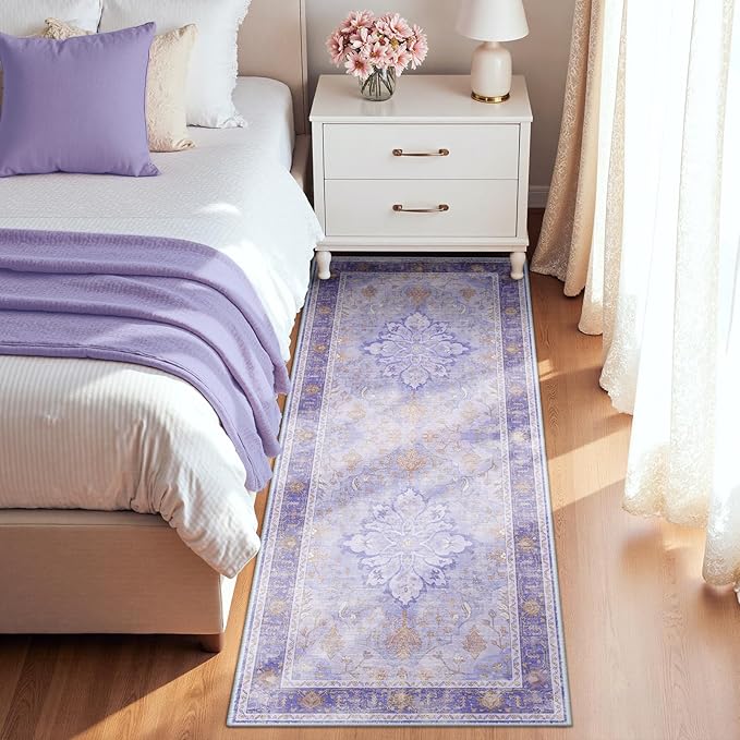 RELEANY Area Rugs 2'x6' Washable Non-Slip, Floral Vintage Distress Print Pattern Medallion Carpet for Living Room Bedroom Dining Room, Light Purple Brown