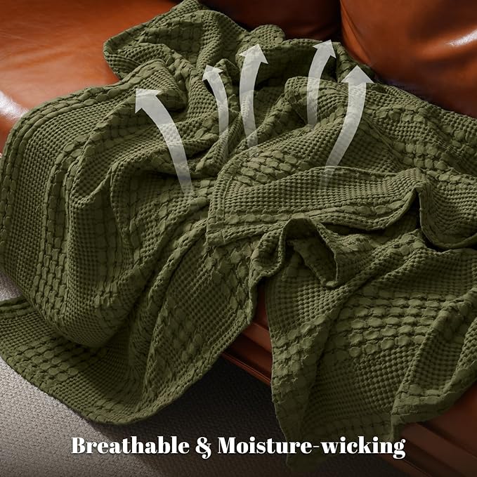 PHF 100% Cotton Waffle Weave Blanket King Size for Bed, Soft Lightweight & Breathable, All-Season Comfort, 300 GSM Luxury Aesthetic Blanket for Home Decor, 108"x90", Capulet Olive