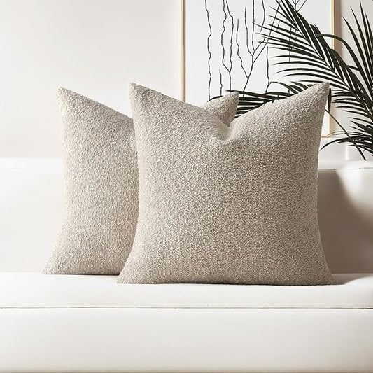 HAUSSY Set of 2 22x22 Decorative Throw Pillow Covers, Soft Cozy Textured Boucle Couch Cases, Home Decor for Couch Bed Living Room, Oatmeal