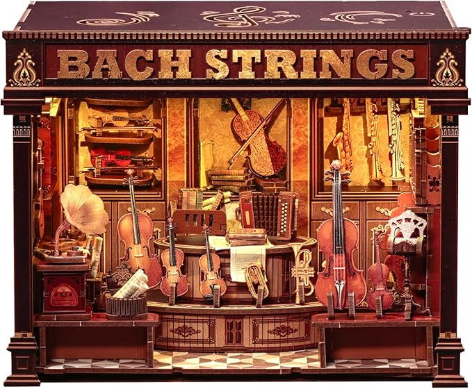 CUTEFUN Book Nook Kit - 3D Puzzle Musical Instrument Store Bookend Bookshelf Decor for Adults, Tiny House Miniature Model Building Kits, DIY Crafts Gifts for Teens & Book Lovers (Bach Strings)
