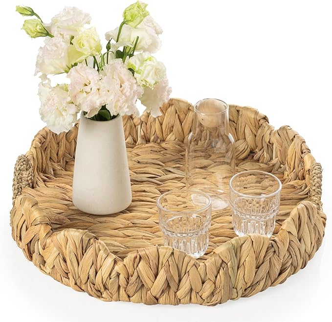 Round Wicker Scalloped Serving Tray with Handles - Seagrass Handwoven Trays,Water Hyacinth Tray for Home Decor and Living Room, Dining Table, Bathroom Organizing, 17" L x 17" W x 3.6" H