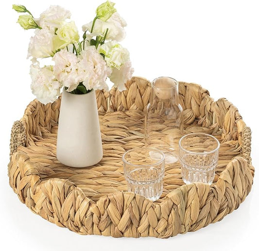 Round Wicker Scalloped Serving Tray with Handles - Seagrass Handwoven Trays,Water Hyacinth Tray for Home Decor and Living Room, Dining Table, Bathroom Organizing, 17" L x 17" W x 3.6" H