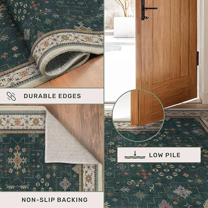 Dark Green Oushak 3x6 Kitchen Rug - Modern Vintage Boho Floral Moody, Washable Low Pile Non-Slip Area Rugs for Large Entryway, Door Mat Indoor Entrance, Kitchen, Bedroom Beside Bed